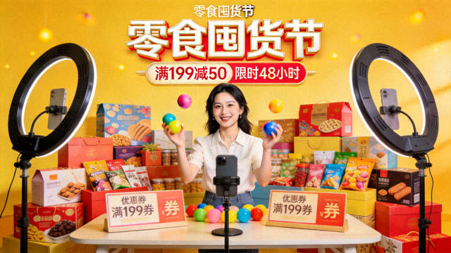 玩球带货零食囤货节优惠券直播间画面